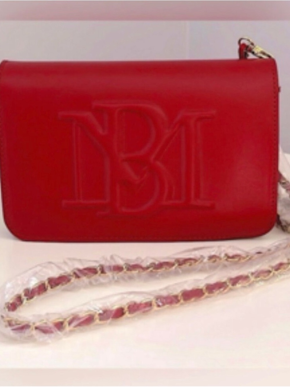 Badgley Mischka Red Leather Crossbody with Chain Strap. NWT